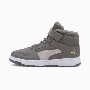 Puma Rebound Lay-Up Fur V Fiú Téli Cipő Szürke Zöld Fehér | HU56498